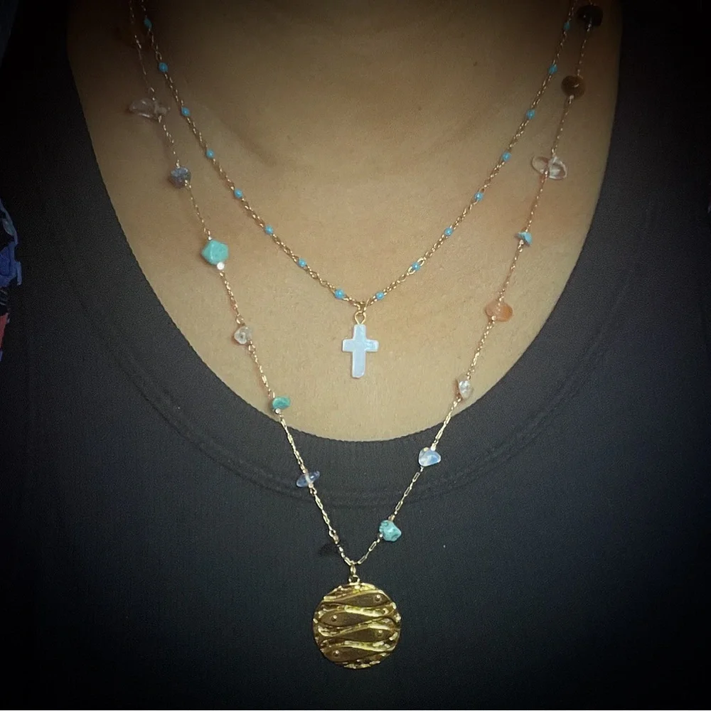Spring/Summer 26’ Fish Medallion Natural Stone Shell Cross Blue Enamel 2 Chains - Picture 1 of 3